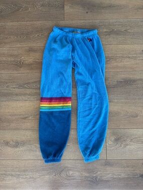 Aviator Nation Blue Fleece Sweatpants with Rainbow Stripes